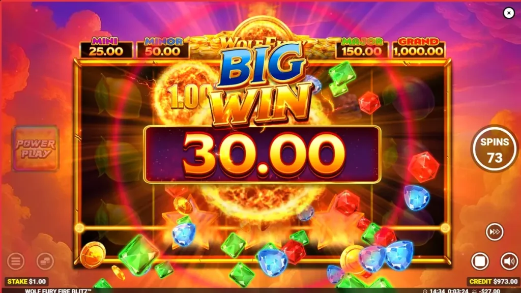 Wolf Fury Fire Blitz slot game interface showing fiery symbols and wolf theme